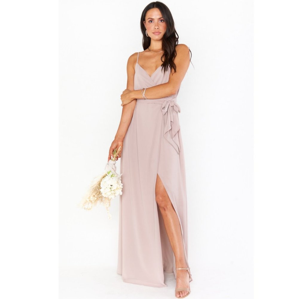 Show Me Your Mumu Liz Maxi Faux Wrap Bridesmaid Dress in Soft Beige Chiffon